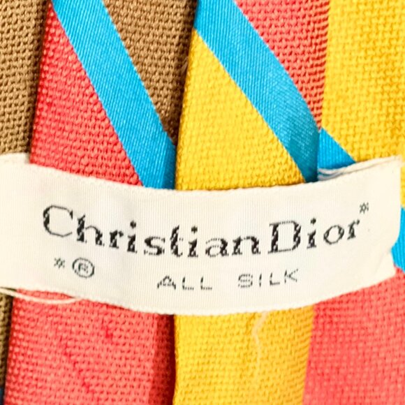 Christian Dior Vintage Yellow, Brown & Red w Blue Digaonal Stripe Silk Neck tie - Picture 6 of 7